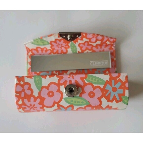 Clinique Vintage Orange Blue Floral Lipstick Snap Closure Case Mirror Inside - Picture 8 of 9